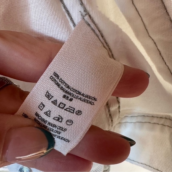 Free People | Knit Hooded White Denim Distressed Jean Jacket Fabric Sleeves Sz M - Picture 12 of 12